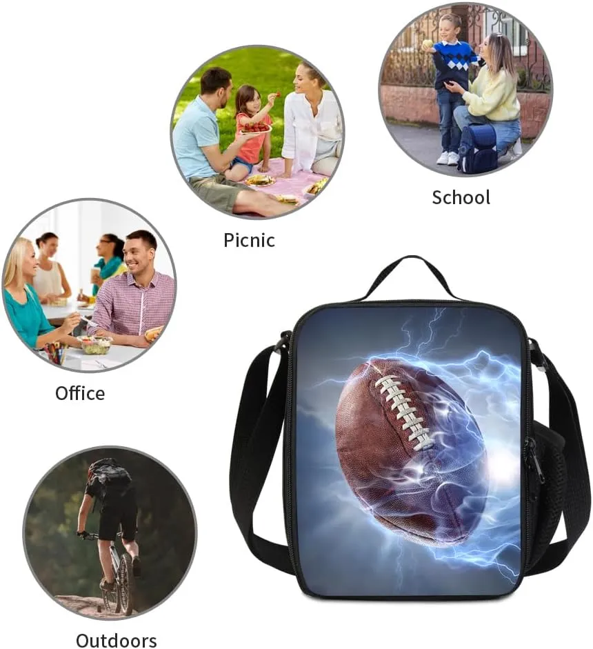 American Football 3D Print Portable Lunch Bag with shoulder strap, Reusable Insulated Lunch Box Cooler Bag for Kids Boys