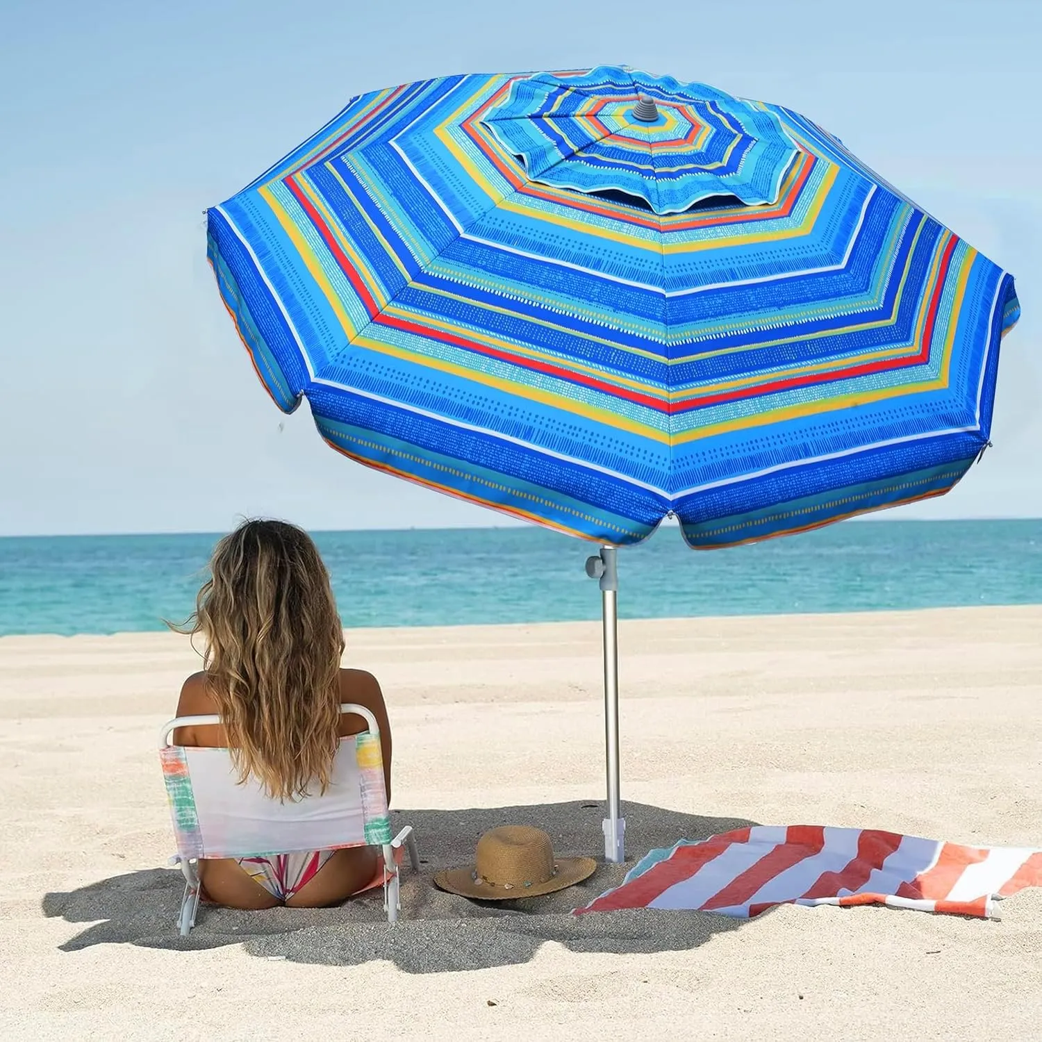 AMMSUN 7ft Heavy Duty Beach Umbrella with Sand Anchor, UV 50  Protection, Outdoor Sunshade, Carry Bag, Patio Garden, Pool Backyard, Multicolor Green