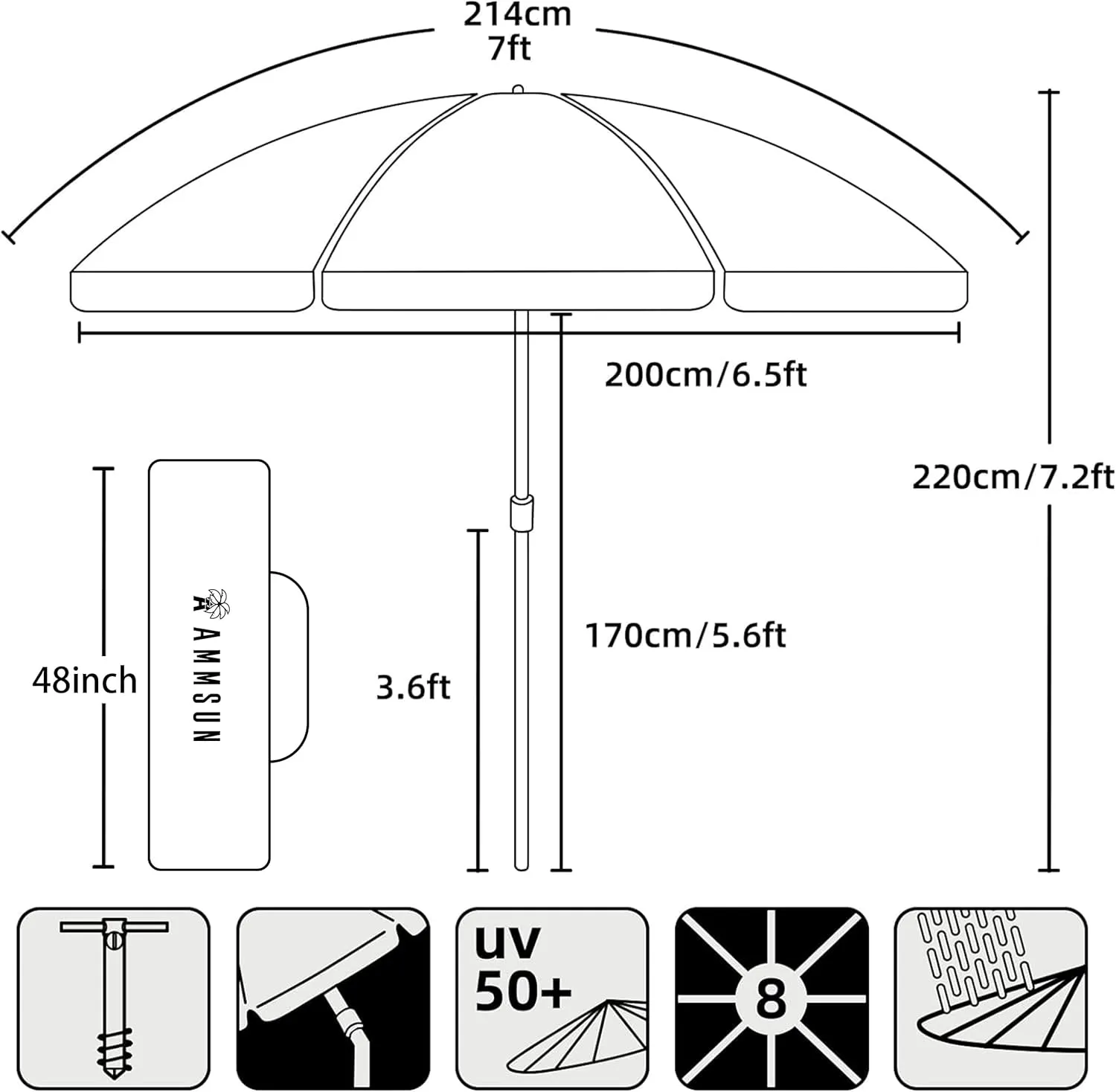 AMMSUN 7ft Heavy Duty Beach Umbrella with Sand Anchor, UV 50  Protection, Outdoor Sunshade, Carry Bag, Patio Garden, Pool Backyard, Multicolor Green