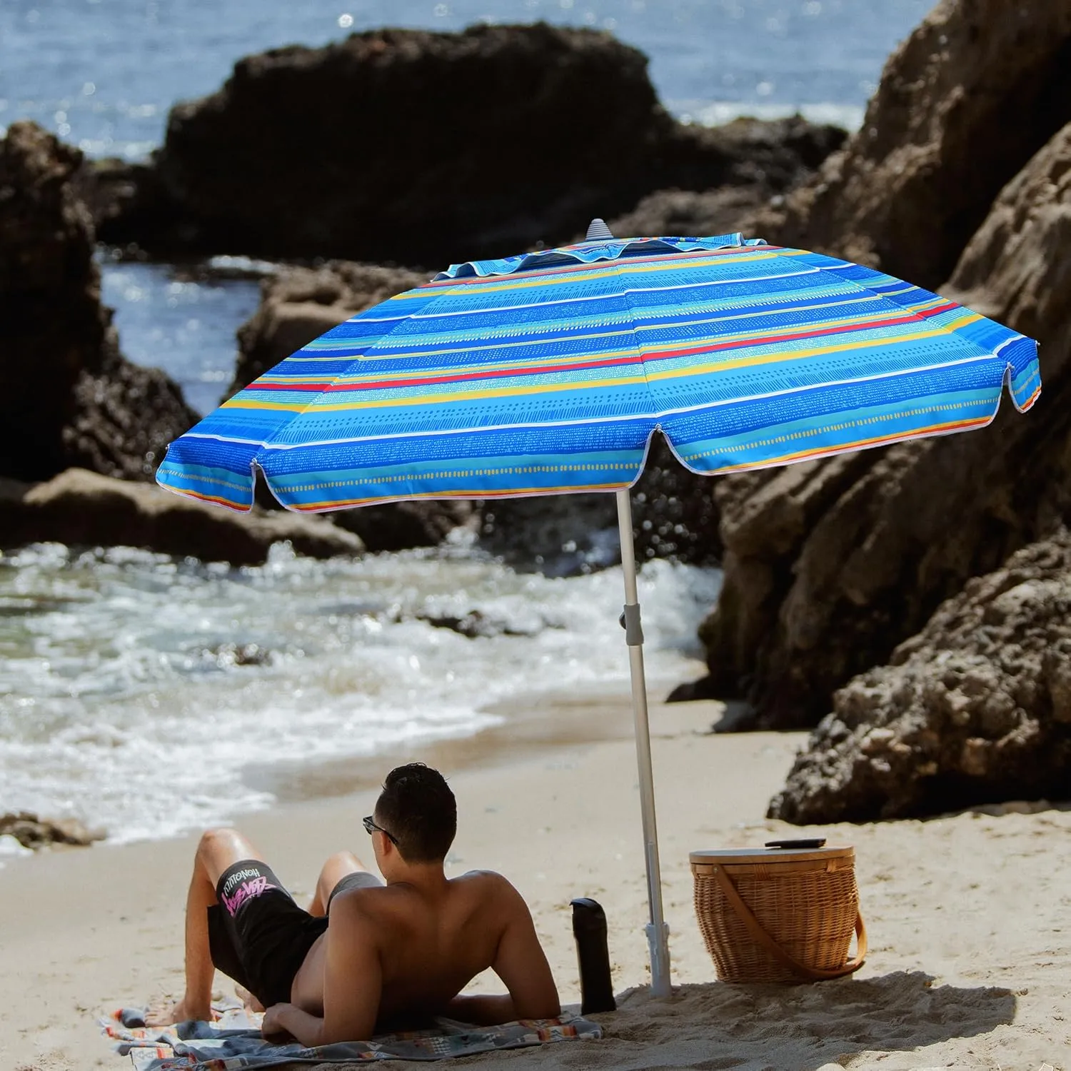 AMMSUN 7ft Heavy Duty Beach Umbrella with Sand Anchor, UV 50  Protection, Outdoor Sunshade, Carry Bag, Patio Garden, Pool Backyard, Multicolor Green