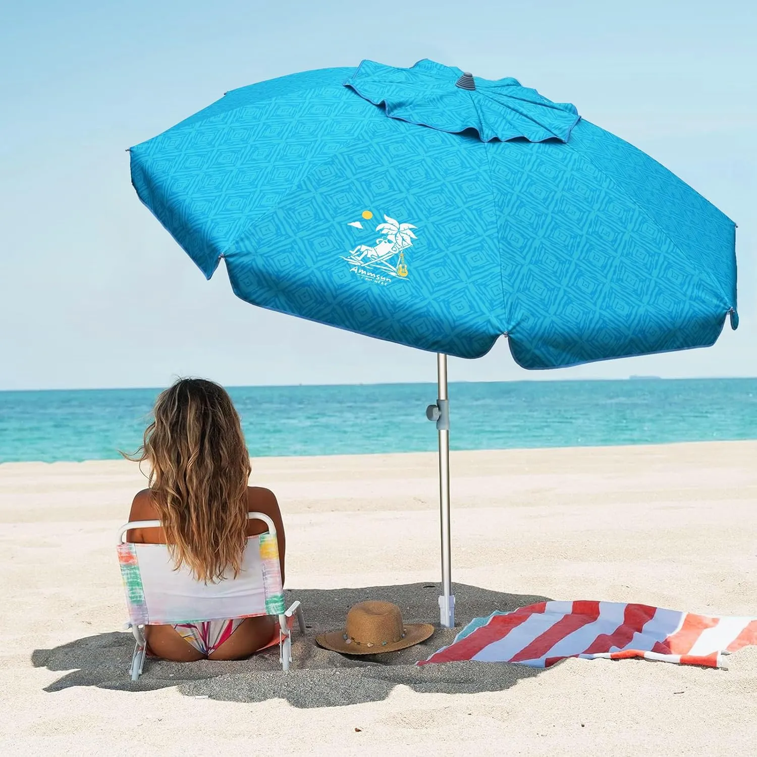 AMMSUN 7ft Heavy Duty High Wind Beach Umbrella with Sand Anchor & Tilt Sun Shelter UV 50  Protection Outdoor Sunshade Umbrellas Carry Bag for Patio Garden Pool Backyard Teal