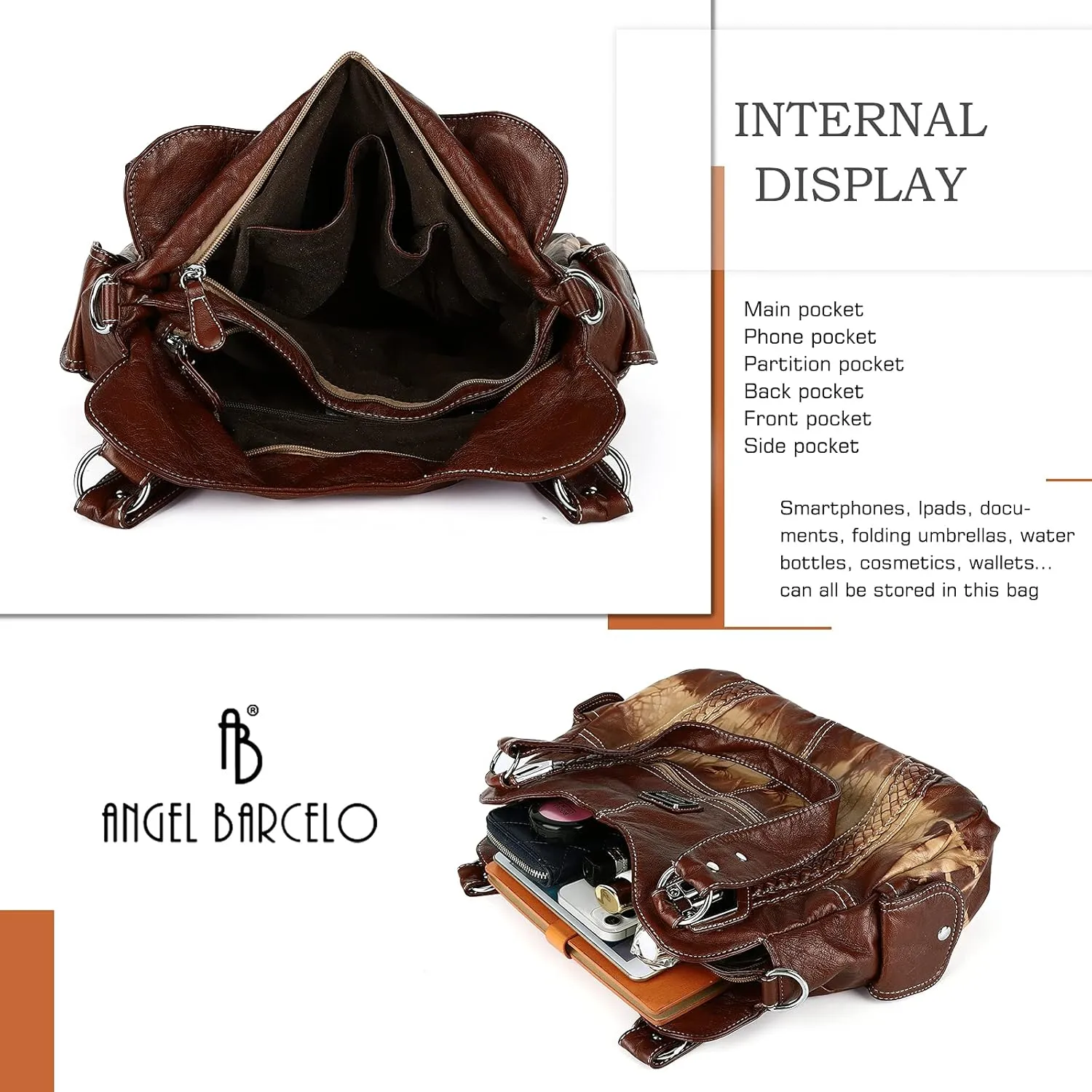 Angel Barcelo Roomy Fashion Hobo Womens Handbags Ladies Purse Satchel Shoulder Bags Tote Washed Leather Bag