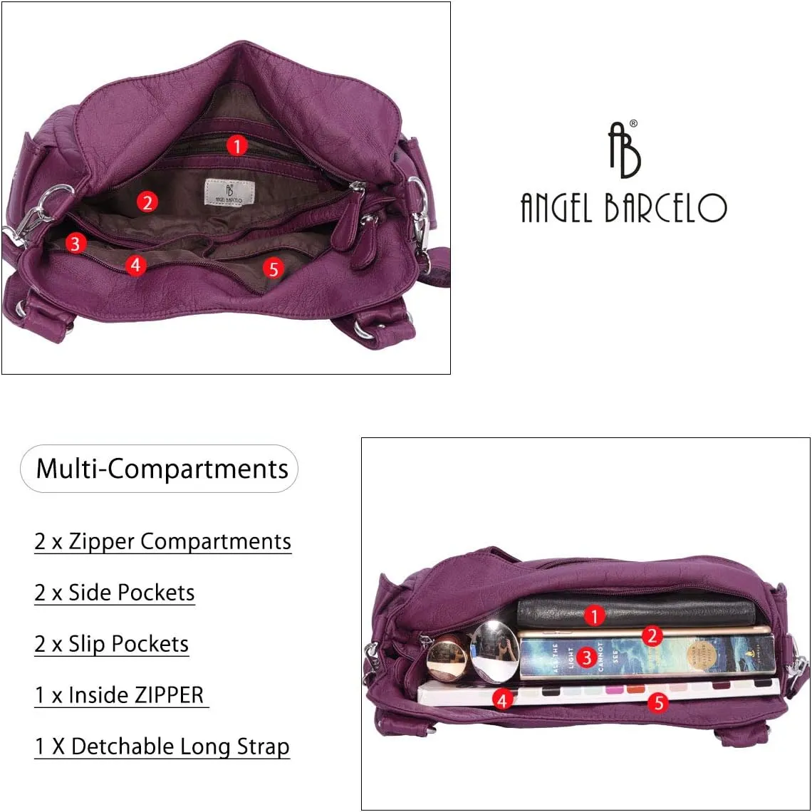 Angel Barcelo Roomy Fashion Hobo Womens Handbags Ladies Purse Satchel Shoulder Bags Tote Washed Leather Bag