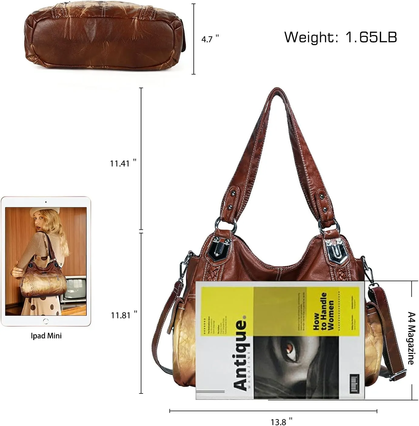 Angel Barcelo Roomy Fashion Hobo Womens Handbags Ladies Purse Satchel Shoulder Bags Tote Washed Leather Bag