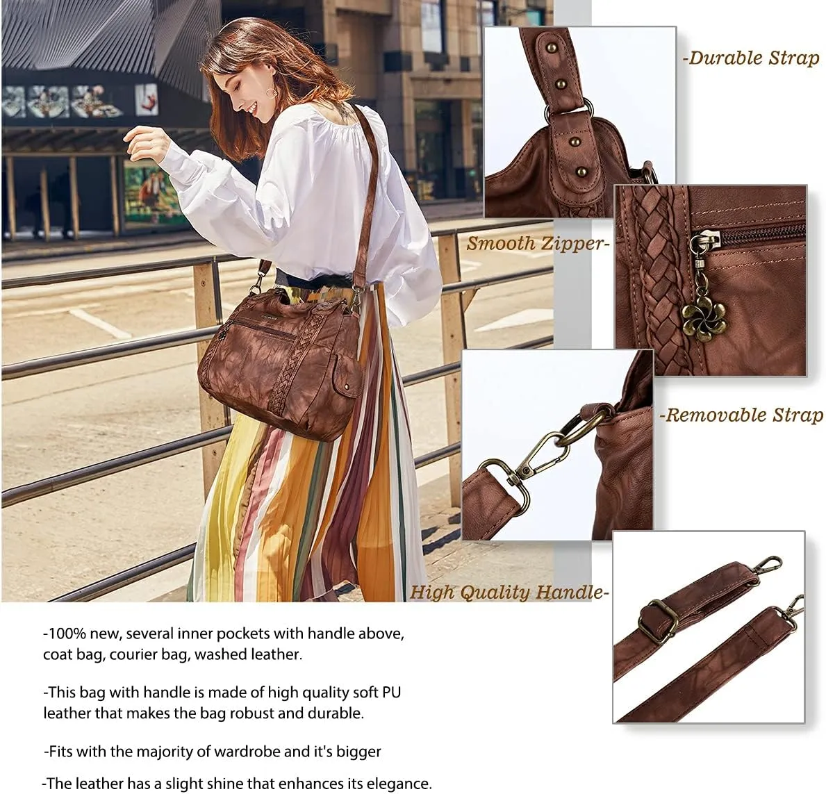 Angel Barcelo Roomy Fashion Hobo Womens Handbags Ladies Purse Satchel Shoulder Bags Tote Washed Leather Bag