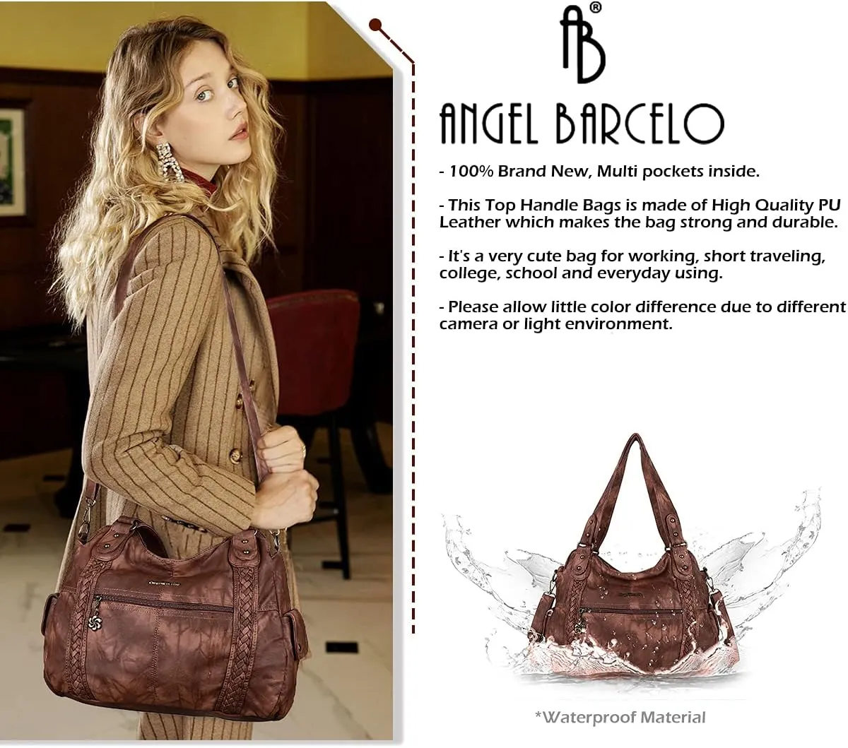 Angel Barcelo Roomy Fashion Hobo Womens Handbags Ladies Purse Satchel Shoulder Bags Tote Washed Leather Bag