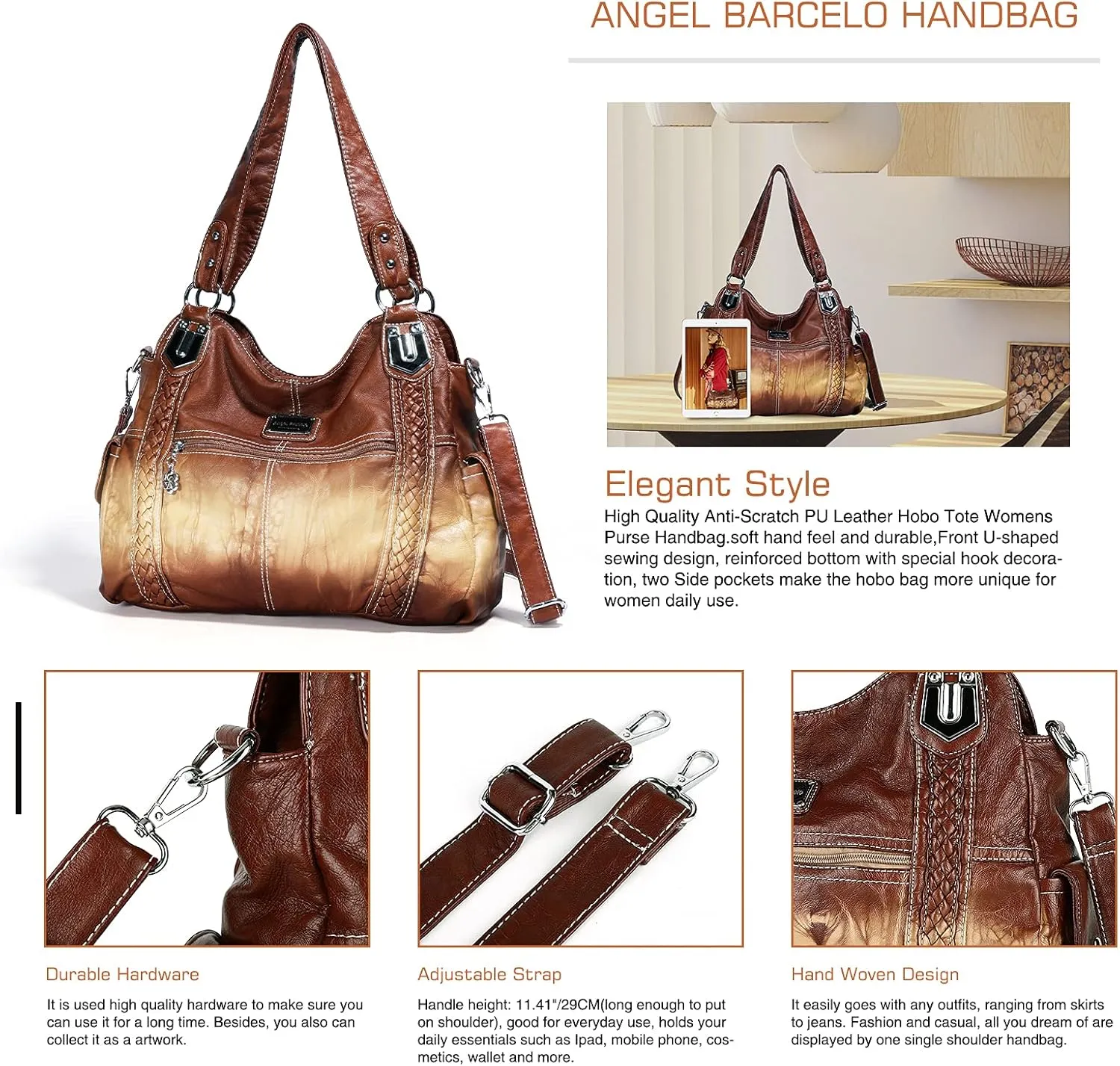 Angel Barcelo Roomy Fashion Hobo Womens Handbags Ladies Purse Satchel Shoulder Bags Tote Washed Leather Bag