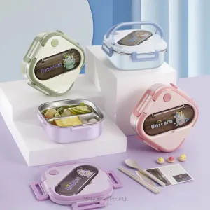 ANIMAL DESIGN STAINLESS STEEL LUNCH BOX WITH SPOON AND CHOPSTICKS - 1000ML