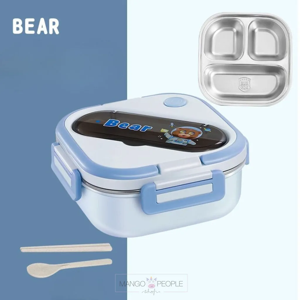ANIMAL DESIGN STAINLESS STEEL LUNCH BOX WITH SPOON AND CHOPSTICKS - 1000ML