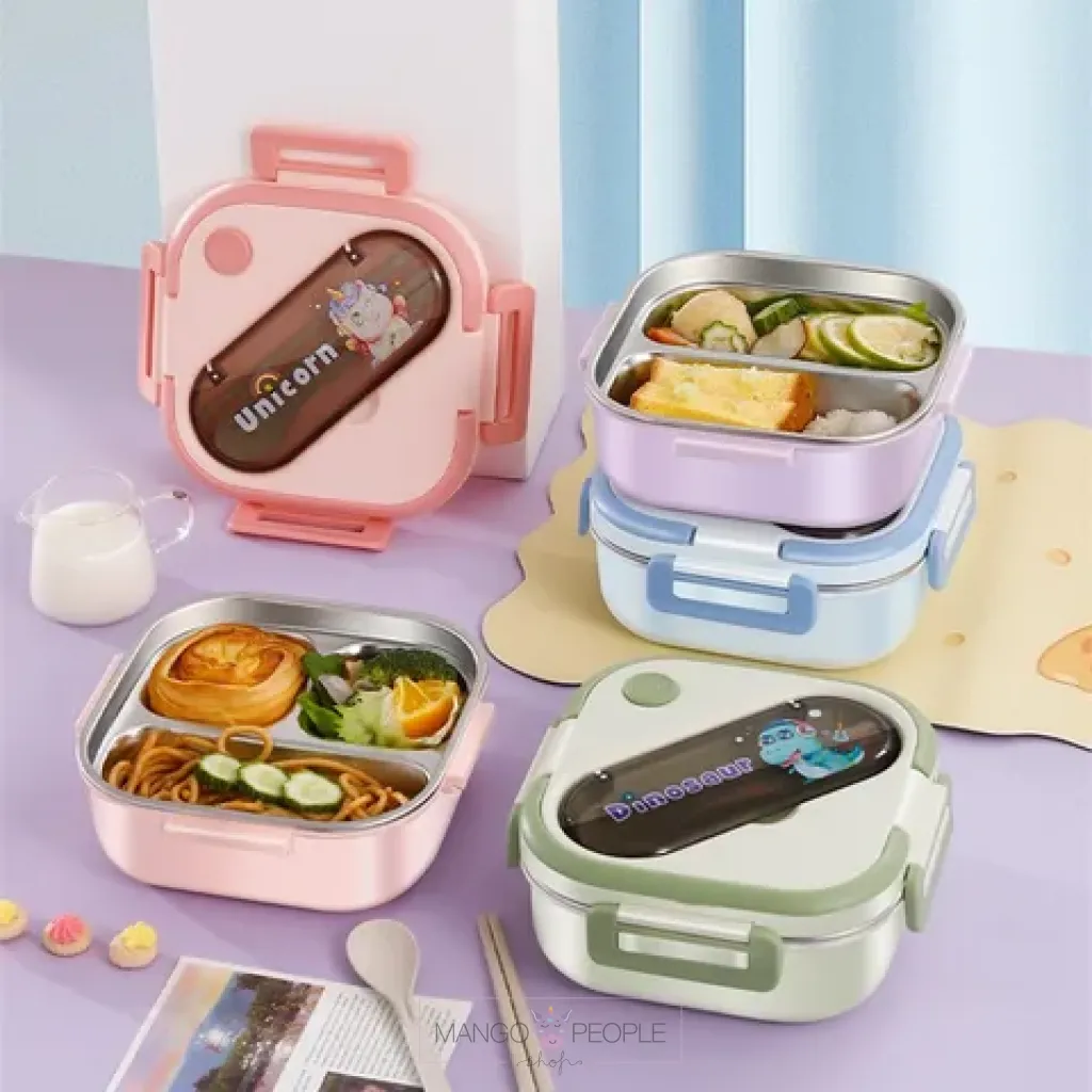 ANIMAL DESIGN STAINLESS STEEL LUNCH BOX WITH SPOON AND CHOPSTICKS - 1000ML