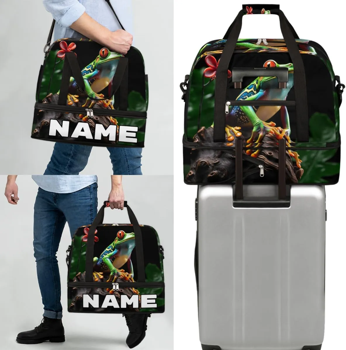 Animal Frog Custom Foldable Duffle Bag with Shoes Compartment Personalized Large Capacity Waterproof Travel Weekender Bag Overnight Bag for Sports Gym