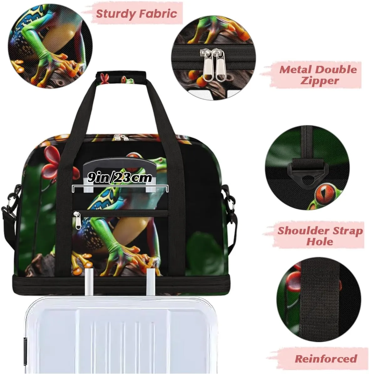 Animal Frog Custom Foldable Duffle Bag with Shoes Compartment Personalized Large Capacity Waterproof Travel Weekender Bag Overnight Bag for Sports Gym