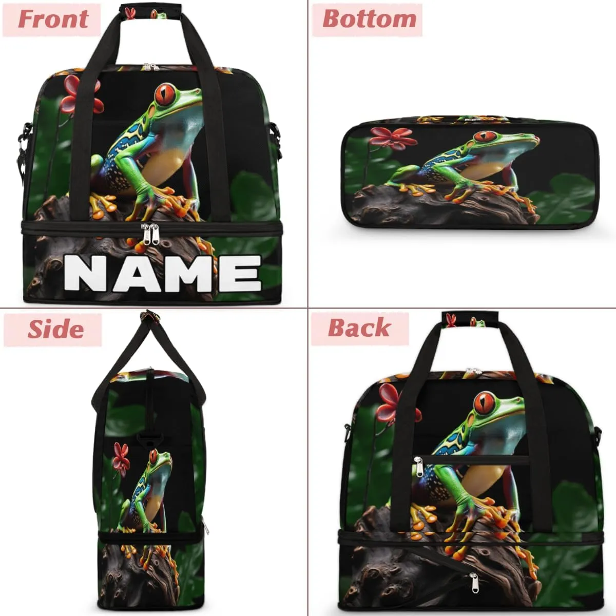 Animal Frog Custom Foldable Duffle Bag with Shoes Compartment Personalized Large Capacity Waterproof Travel Weekender Bag Overnight Bag for Sports Gym