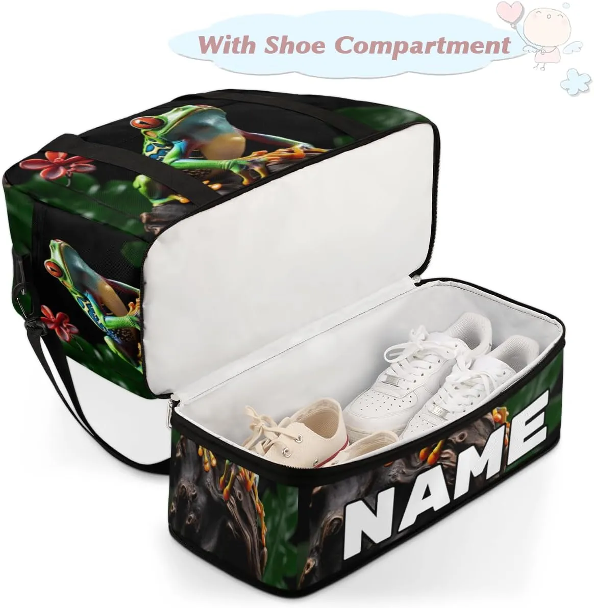 Animal Frog Custom Foldable Duffle Bag with Shoes Compartment Personalized Large Capacity Waterproof Travel Weekender Bag Overnight Bag for Sports Gym
