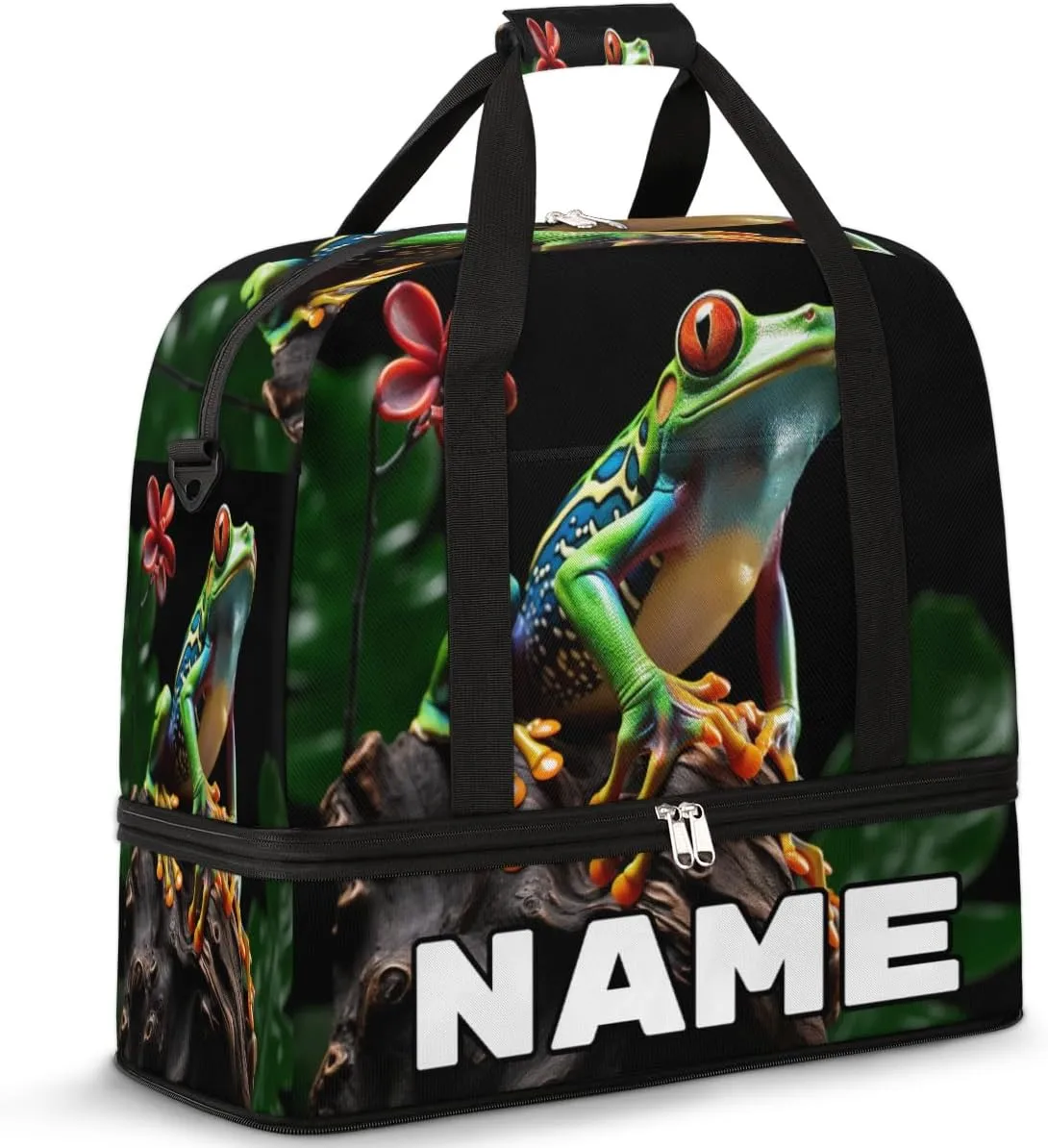 Animal Frog Custom Foldable Duffle Bag with Shoes Compartment Personalized Large Capacity Waterproof Travel Weekender Bag Overnight Bag for Sports Gym