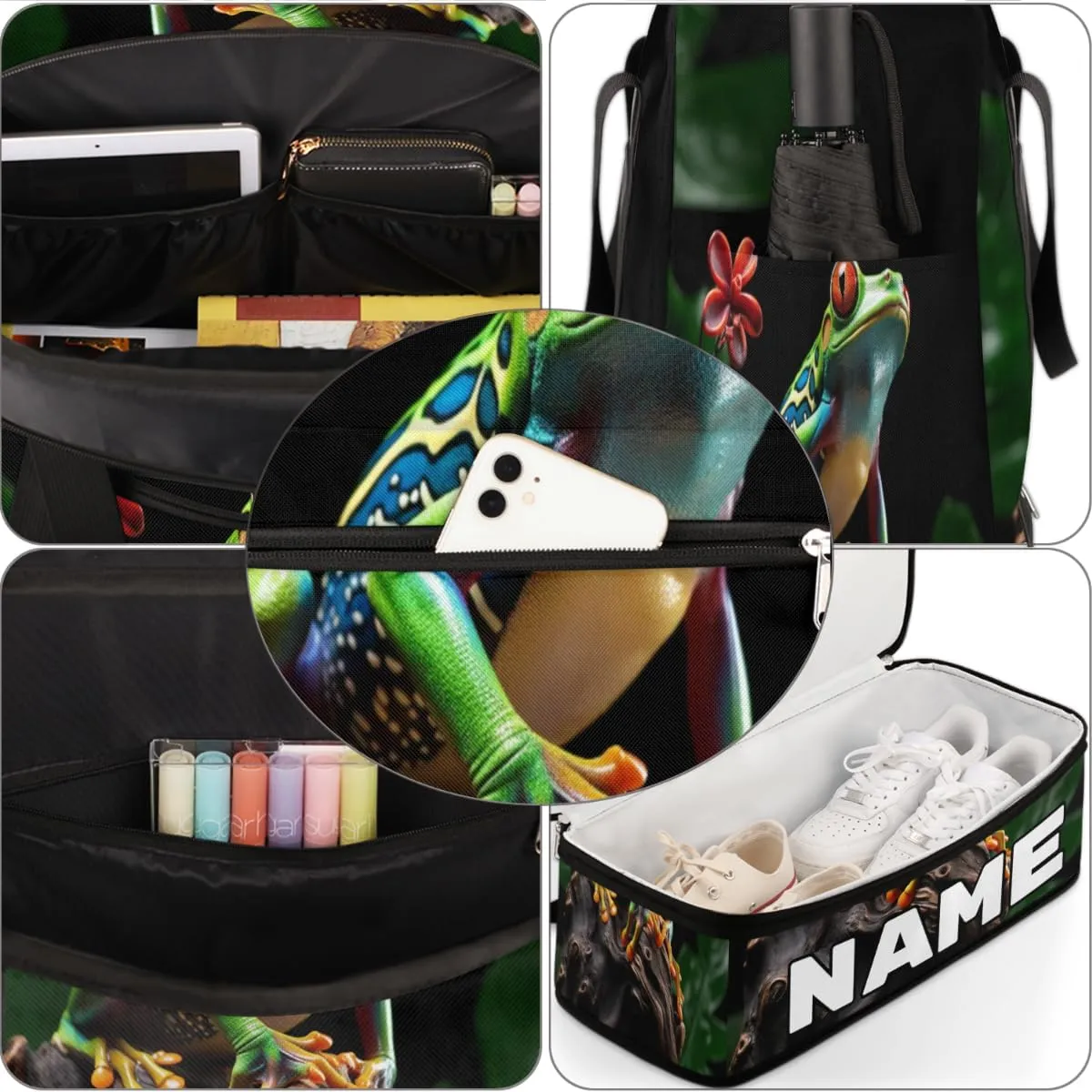Animal Frog Custom Foldable Duffle Bag with Shoes Compartment Personalized Large Capacity Waterproof Travel Weekender Bag Overnight Bag for Sports Gym