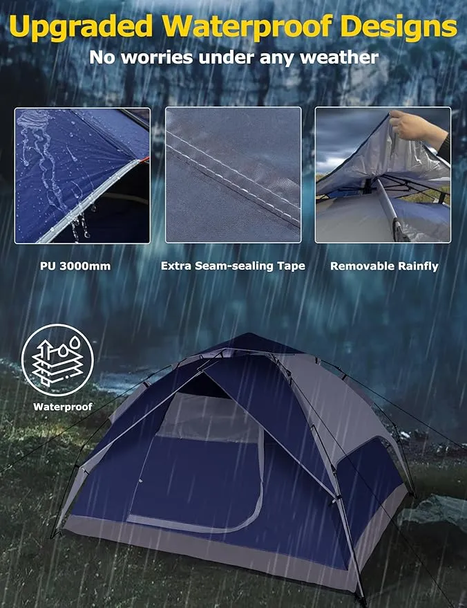 anngrowy Camping Tents 4 Person Instant Pop Up Tent for Camping Waterproof Cabin Tents for Camp Easy Set up 2 in 1 Family Dome Tent with Rainfly Sun Shelter for Hiking & Traveling & Beach