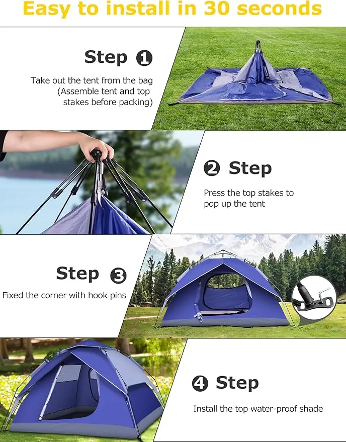 anngrowy Camping Tents 4 Person Instant Pop Up Tent for Camping Waterproof Cabin Tents for Camp Easy Set up 2 in 1 Family Dome Tent with Rainfly Sun Shelter for Hiking & Traveling & Beach