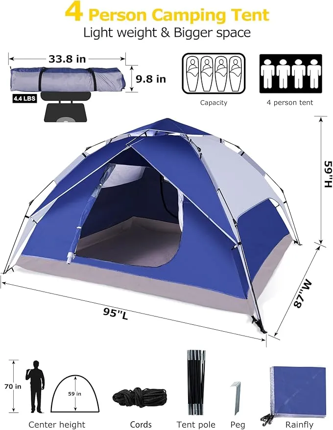 anngrowy Camping Tents 4 Person Instant Pop Up Tent for Camping Waterproof Cabin Tents for Camp Easy Set up 2 in 1 Family Dome Tent with Rainfly Sun Shelter for Hiking & Traveling & Beach