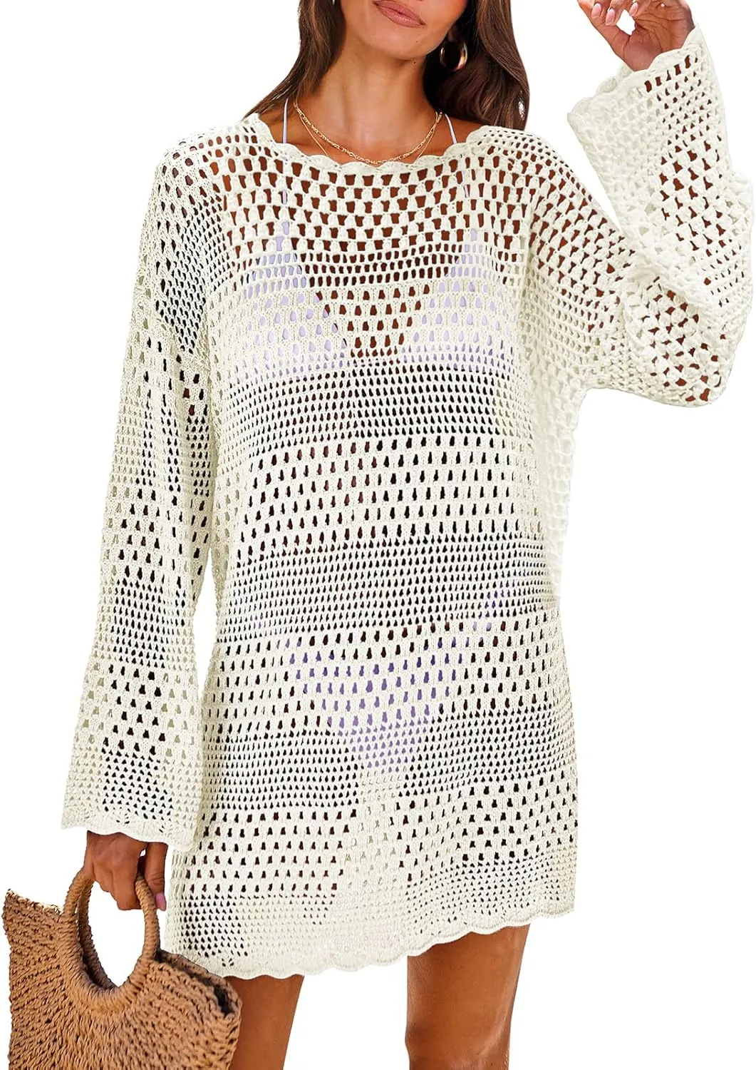 ANRABESS Women Swimsuit Crochet Swim Cover Up 2025 Summer Bathing Suit Swimwear Mesh Knit Beach Dress Vacation Outfits