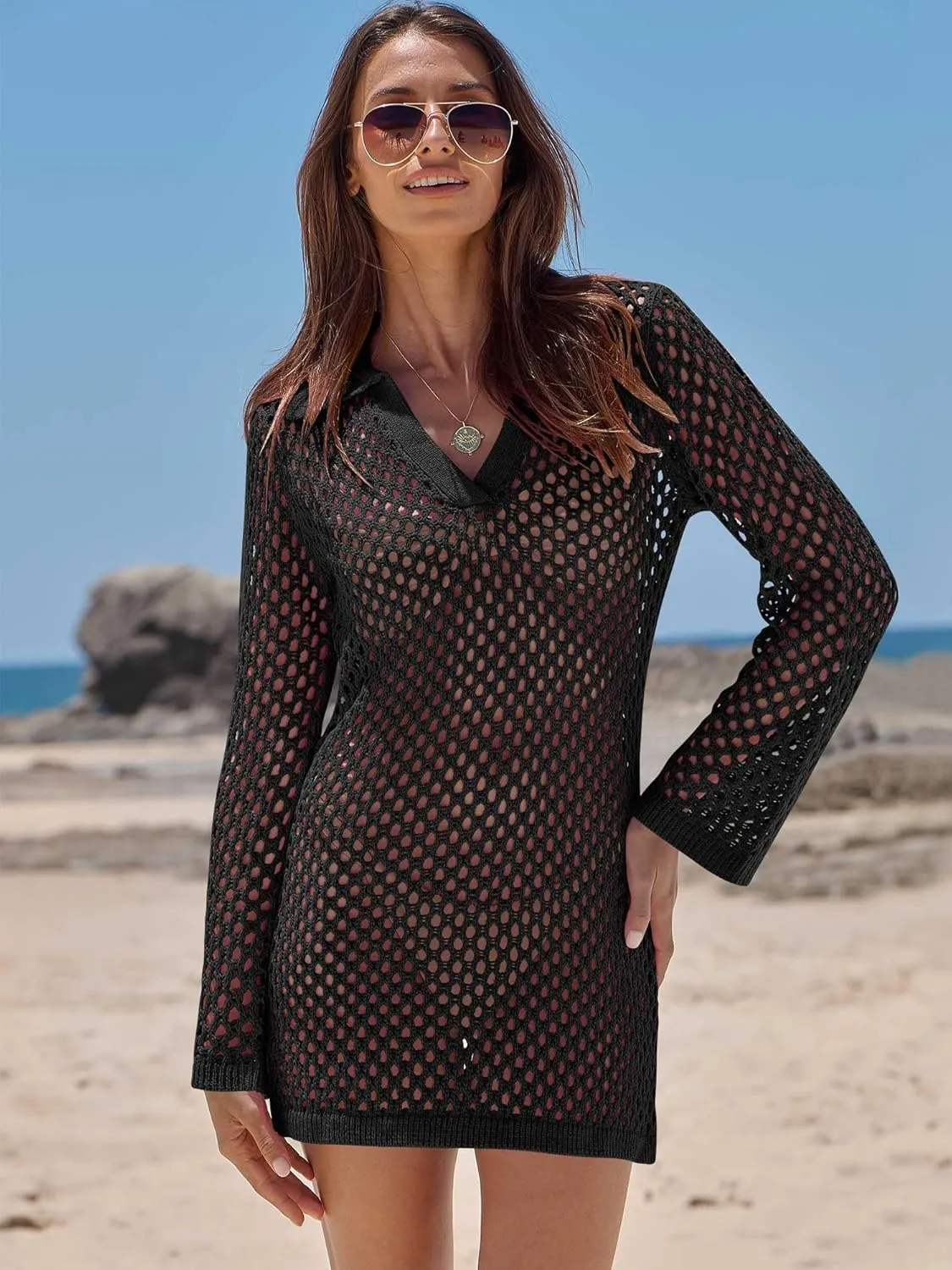 ANRABESS Women Swimsuit Crochet Swim Cover Up Summer Bathing Suit Swimwear Polo V Neck Mesh Knit Beach Dress Vacation Outfits