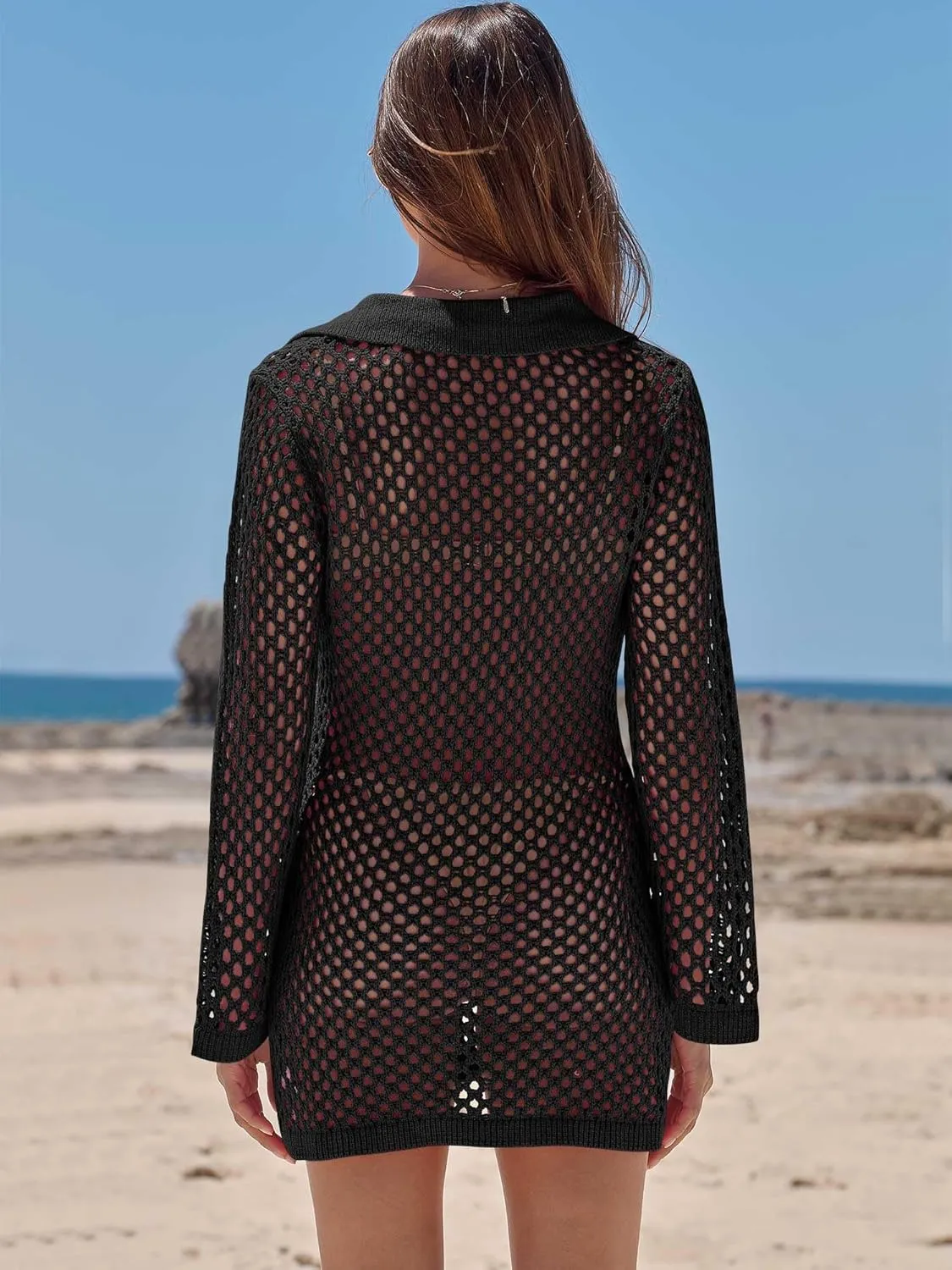 ANRABESS Women Swimsuit Crochet Swim Cover Up Summer Bathing Suit Swimwear Polo V Neck Mesh Knit Beach Dress Vacation Outfits