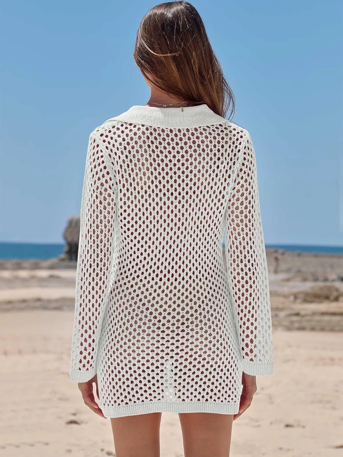 ANRABESS Women Swimsuit Crochet Swim Cover Up Summer Bathing Suit Swimwear Polo V Neck Mesh Knit Beach Dress Vacation Outfits