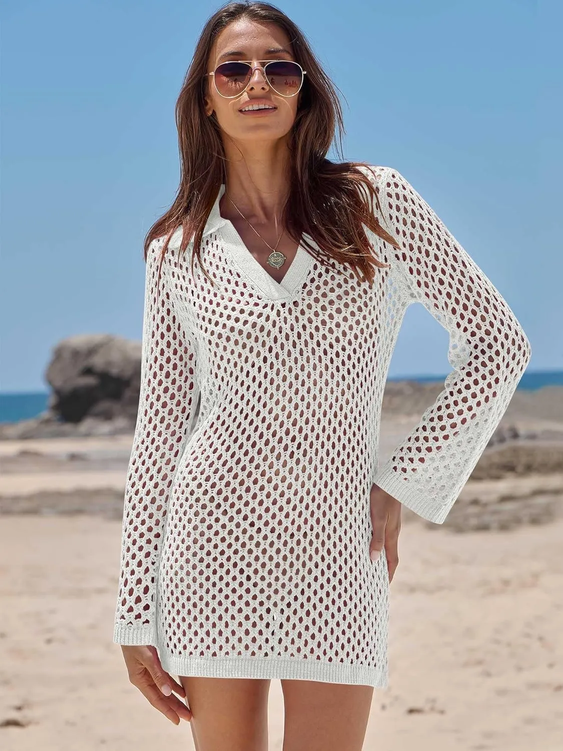 ANRABESS Women Swimsuit Crochet Swim Cover Up Summer Bathing Suit Swimwear Polo V Neck Mesh Knit Beach Dress Vacation Outfits