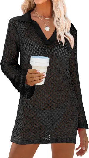 ANRABESS Women Swimsuit Crochet Swim Cover Up Summer Bathing Suit Swimwear Polo V Neck Mesh Knit Beach Dress Vacation Outfits