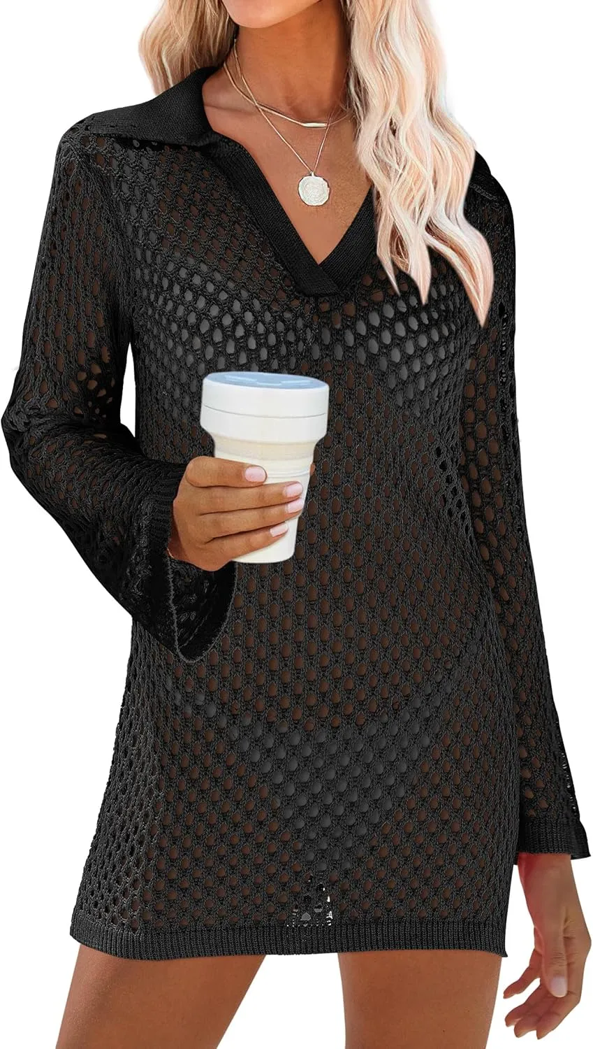 ANRABESS Women Swimsuit Crochet Swim Cover Up Summer Bathing Suit Swimwear Polo V Neck Mesh Knit Beach Dress Vacation Outfits
