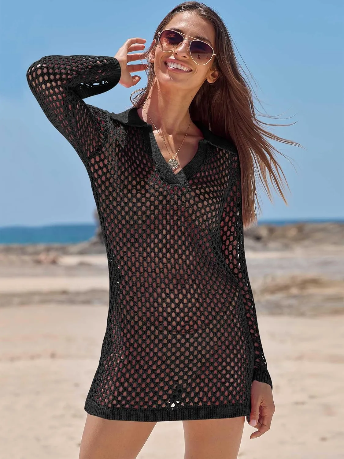 ANRABESS Women Swimsuit Crochet Swim Cover Up Summer Bathing Suit Swimwear Polo V Neck Mesh Knit Beach Dress Vacation Outfits