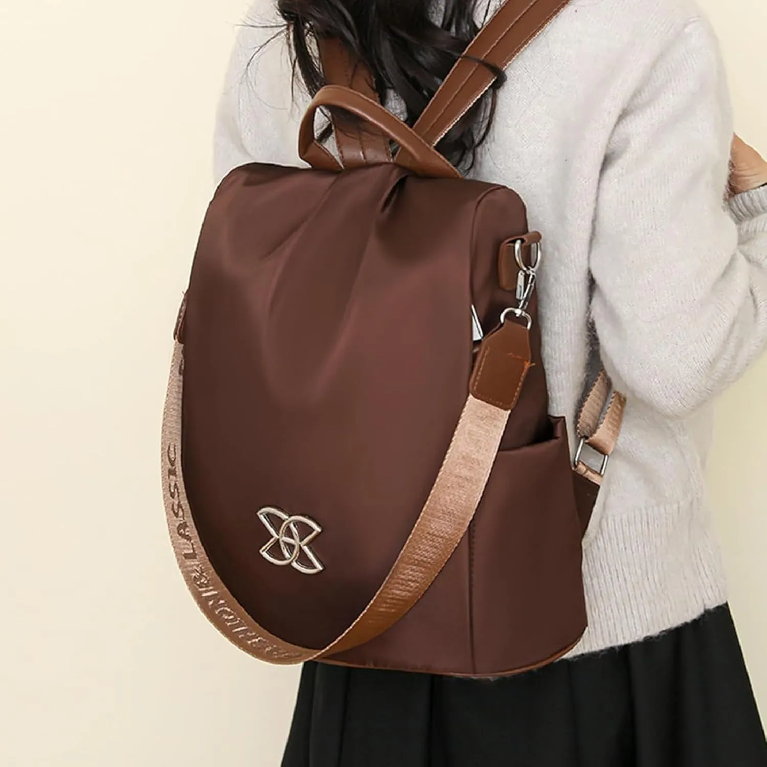 Anti-Theft Large Capacity Backpack for Women, Waterproof Oxford Crossbody Bag with Adjustable Strap for Travel Use (Brown)