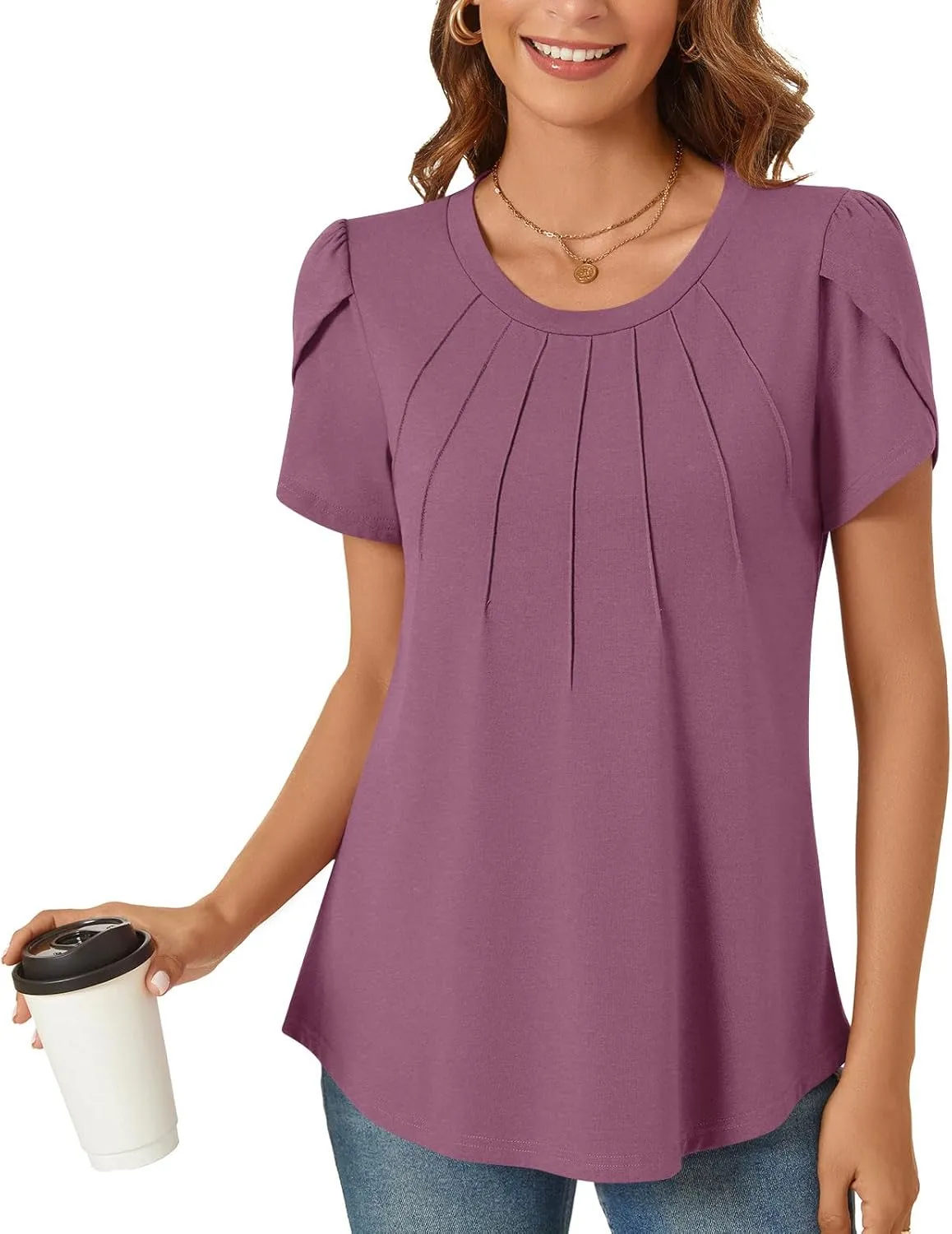 Anyhold Womens Tops Dressy Casual Summer Short Sleeve Blouse Dress Shirt