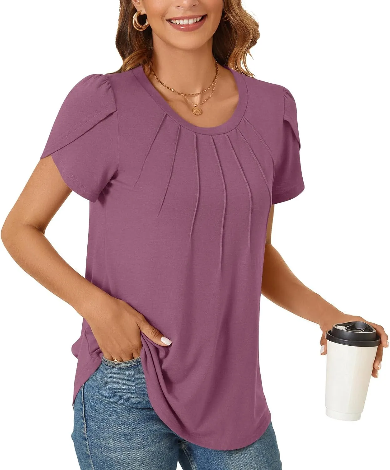 Anyhold Womens Tops Dressy Casual Summer Short Sleeve Blouse Dress Shirt