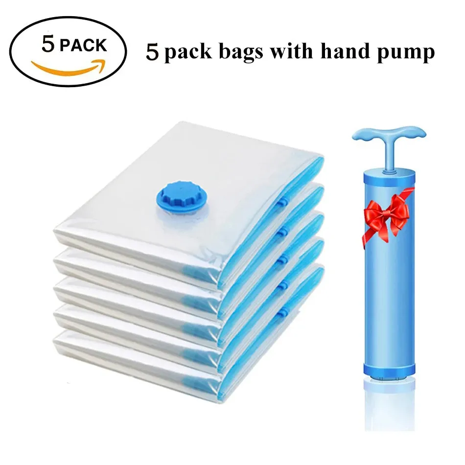 ANYHOUZ Vacuum Storage Bag With Pump 5 Pack Airtight Sealed Compression Space Saving Organizer