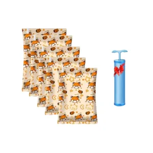 ANYHOUZ Vacuum Storage Bag With Pump 5PC Beige Printed Airtight Sealed Compression Space Saving Organizer