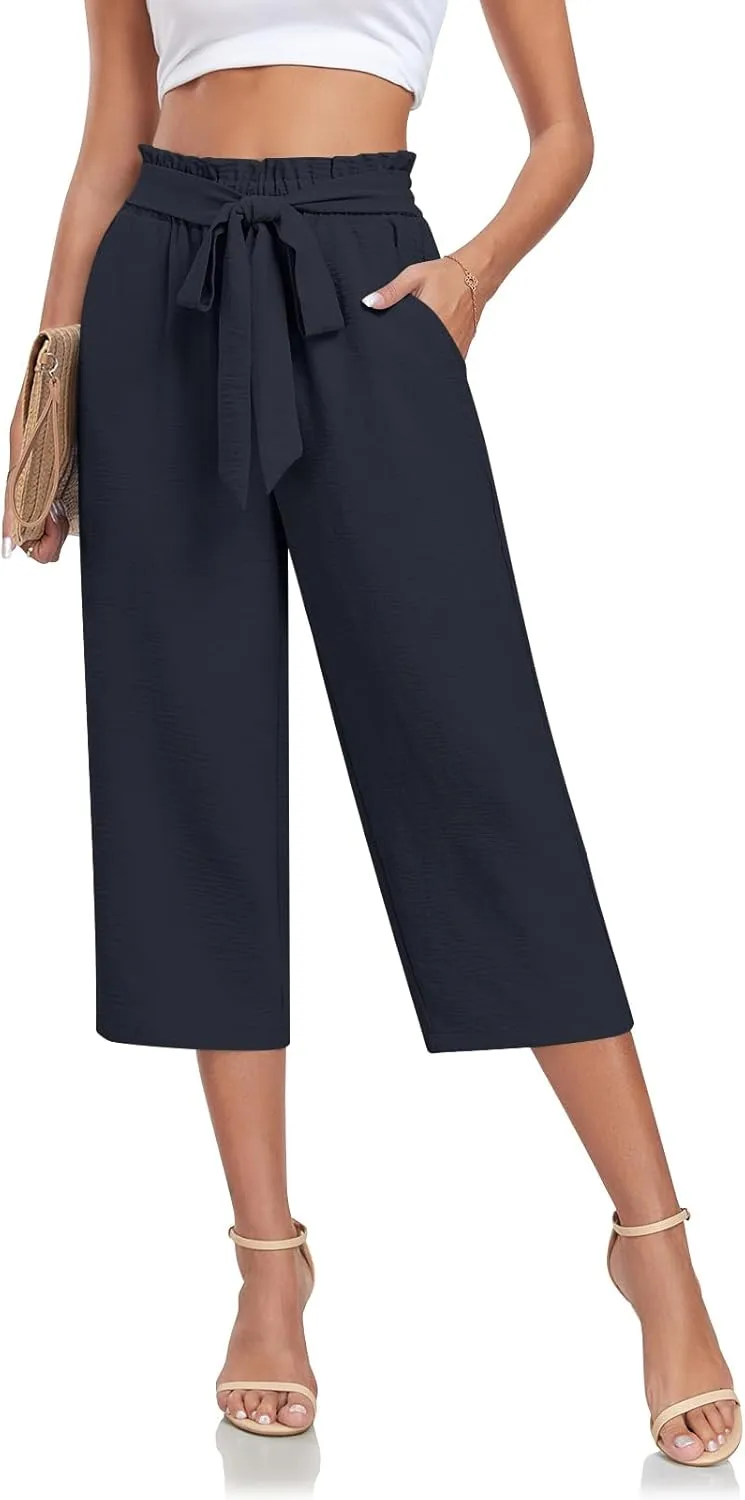 Aodemo Womens Capri Pants Plus Size Wide Leg High Waist Tie Knot Pants Casual Loose Palazzo Trousers with Pockets M-4XL