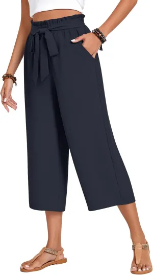 Aodemo Womens Capri Pants Plus Size Wide Leg High Waist Tie Knot Pants Casual Loose Palazzo Trousers with Pockets M-4XL