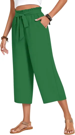 Aodemo Womens Capri Pants Plus Size Wide Leg High Waist Tie Knot Pants Casual Loose Palazzo Trousers with Pockets M-4XL