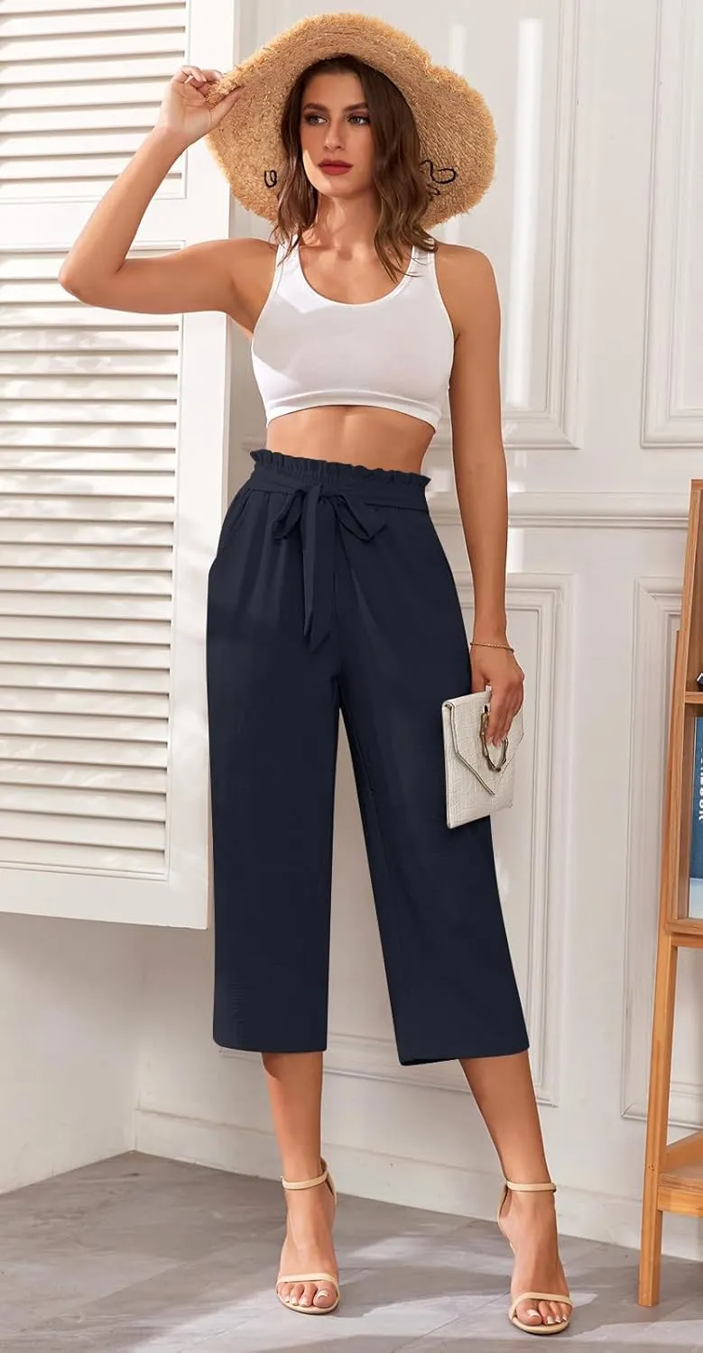Aodemo Womens Capri Pants Plus Size Wide Leg High Waist Tie Knot Pants Casual Loose Palazzo Trousers with Pockets M-4XL