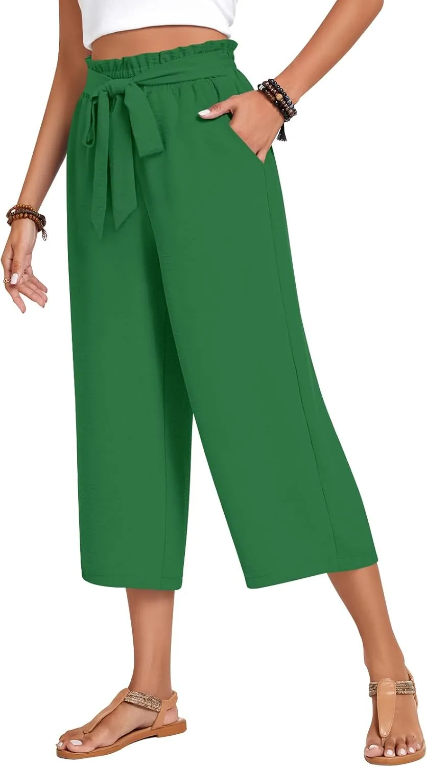 Aodemo Womens Capri Pants Plus Size Wide Leg High Waist Tie Knot Pants Casual Loose Palazzo Trousers with Pockets M-4XL