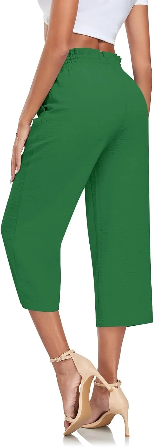 Aodemo Womens Capri Pants Plus Size Wide Leg High Waist Tie Knot Pants Casual Loose Palazzo Trousers with Pockets M-4XL
