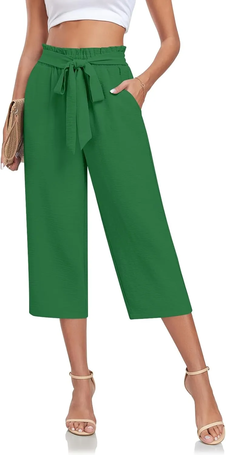 Aodemo Womens Capri Pants Plus Size Wide Leg High Waist Tie Knot Pants Casual Loose Palazzo Trousers with Pockets M-4XL