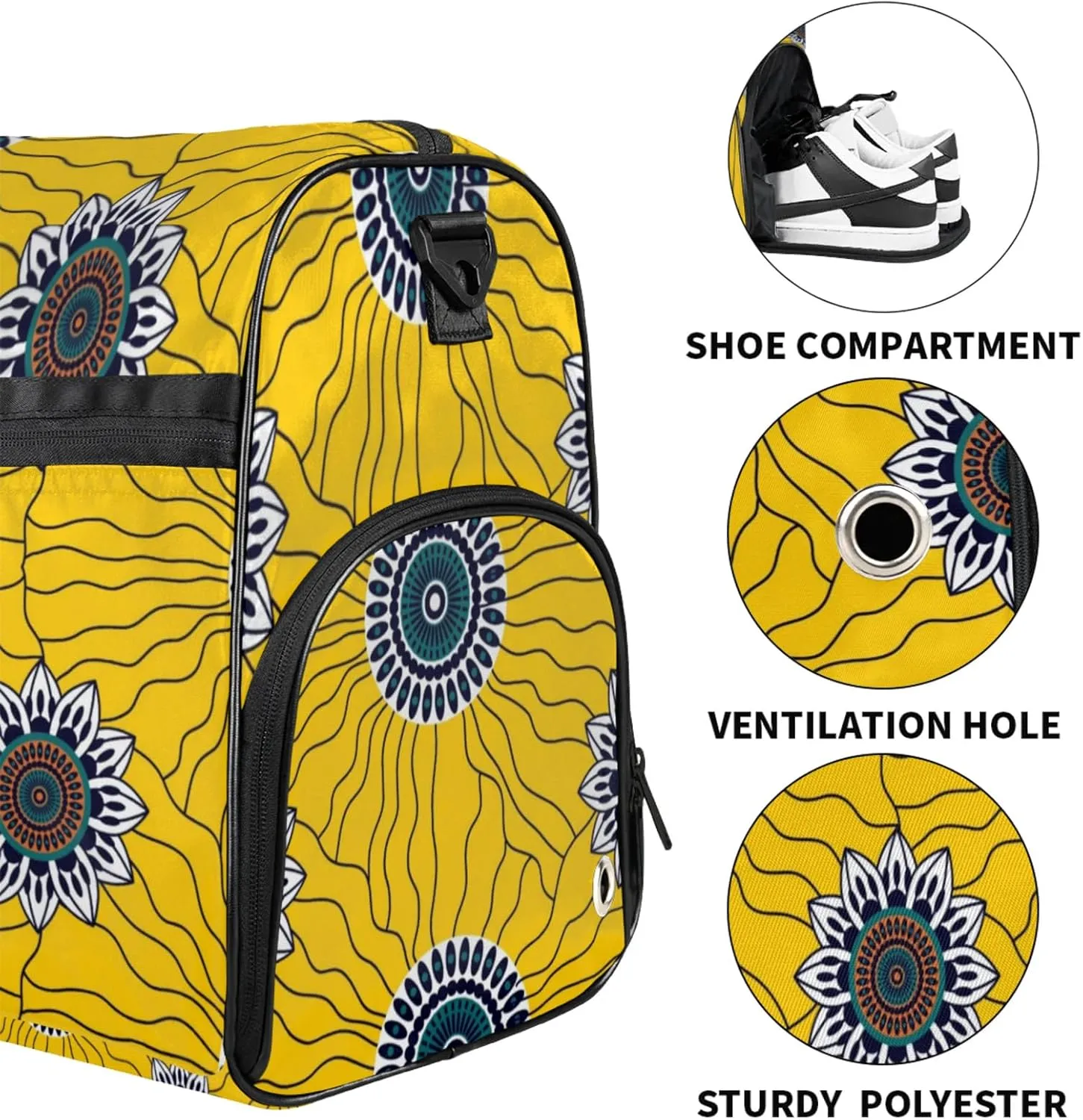 Art Abstract Gym Bags for Men Women, 43L Medium Sports Yellow Flower Travel Duffel Bag for Men with Shoe Compartment,Carry on Bags for Airplanes Women