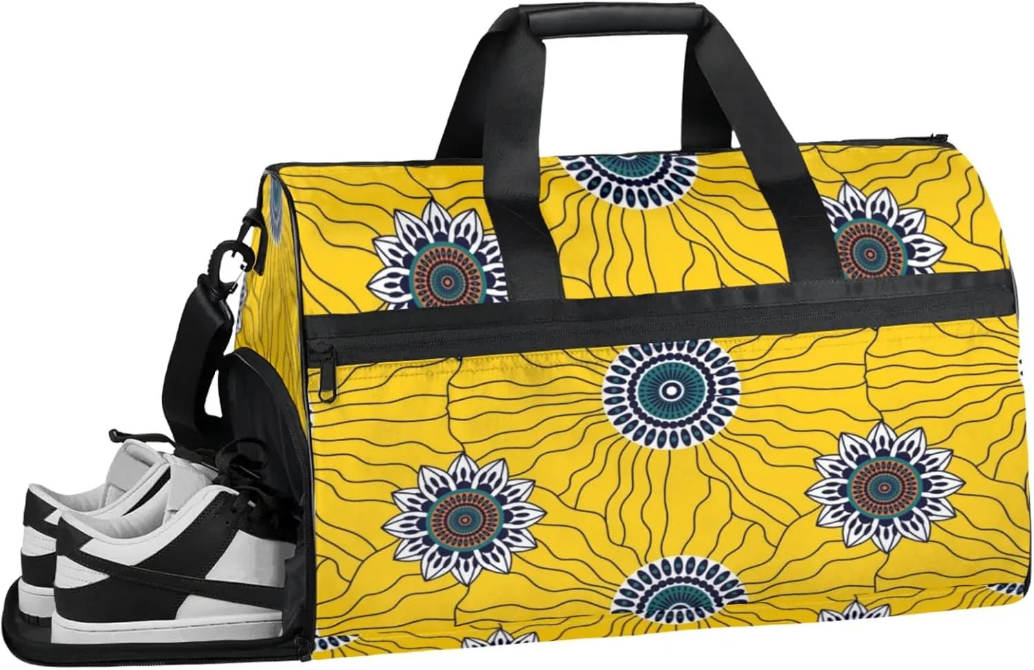 Art Abstract Gym Bags for Men Women, 43L Medium Sports Yellow Flower Travel Duffel Bag for Men with Shoe Compartment,Carry on Bags for Airplanes Women