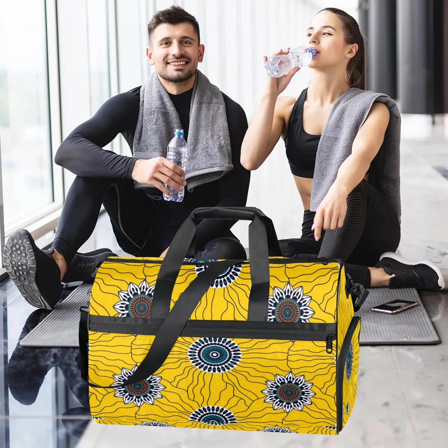 Art Abstract Gym Bags for Men Women, 43L Medium Sports Yellow Flower Travel Duffel Bag for Men with Shoe Compartment,Carry on Bags for Airplanes Women