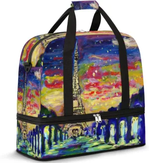 Art Painting France Paris Eiffel Tower Travel Duffle Bag, Large Sports Gym Bag with Shoe Compartment, Carry on Tote Bag, Foldable Weekender Overnight Bag for Women Men
