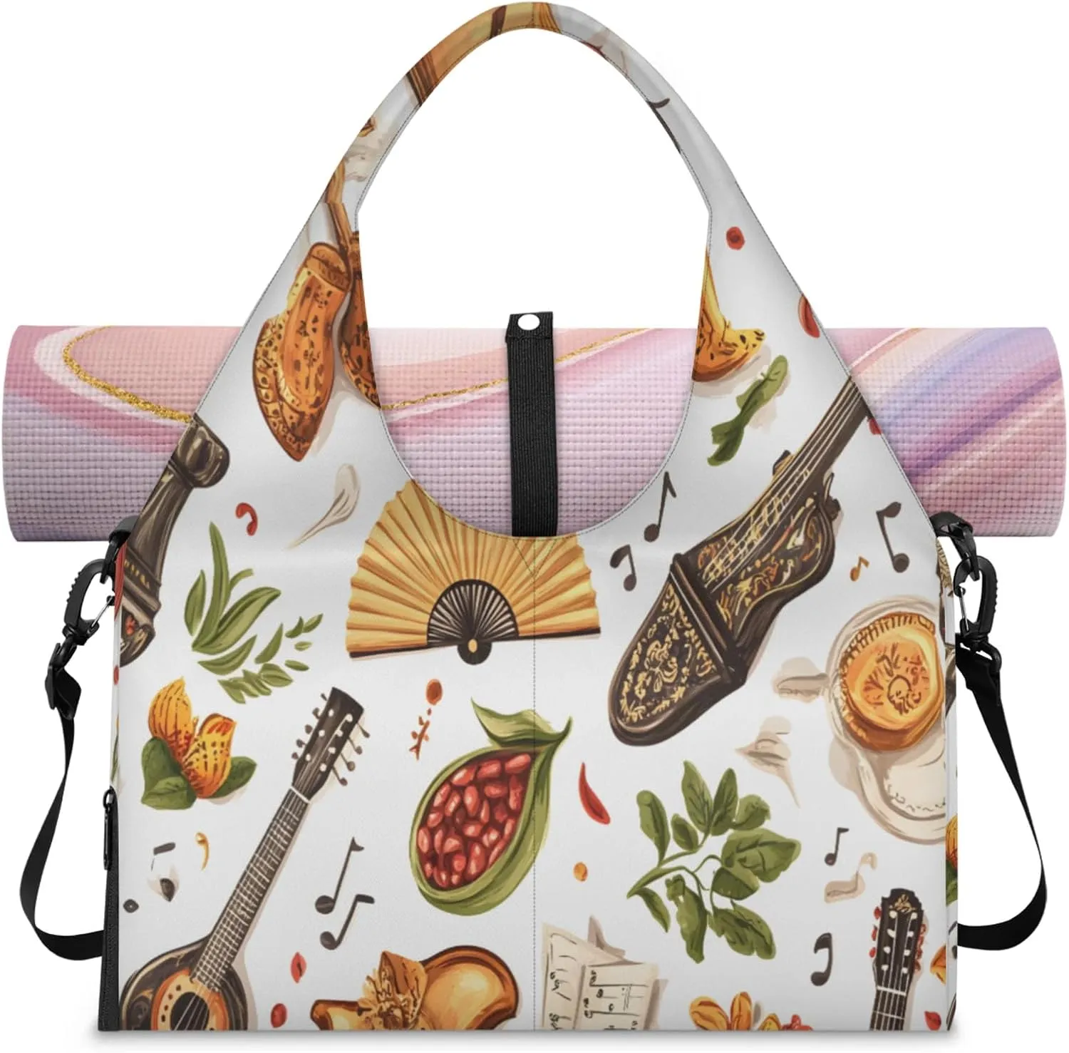 Artistic Guitar Women's Yoga Gym Bag - Adjustable shoulder strap with shoe compartment, large gym bag with multiple pockets for yoga mat, gym equipment and travel accessories