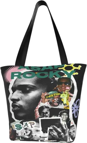 Asap Music Rocky Reusable Grocery Bag for Kitchen Shopping Handbag Tote Bags with Zipper Unisex Funny Shoulder Bag Daily Bags for Indoor
