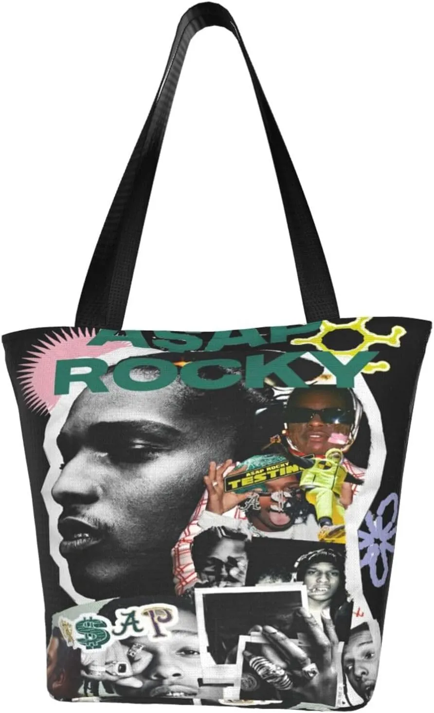 Asap Music Rocky Reusable Grocery Bag for Kitchen Shopping Handbag Tote Bags with Zipper Unisex Funny Shoulder Bag Daily Bags for Indoor